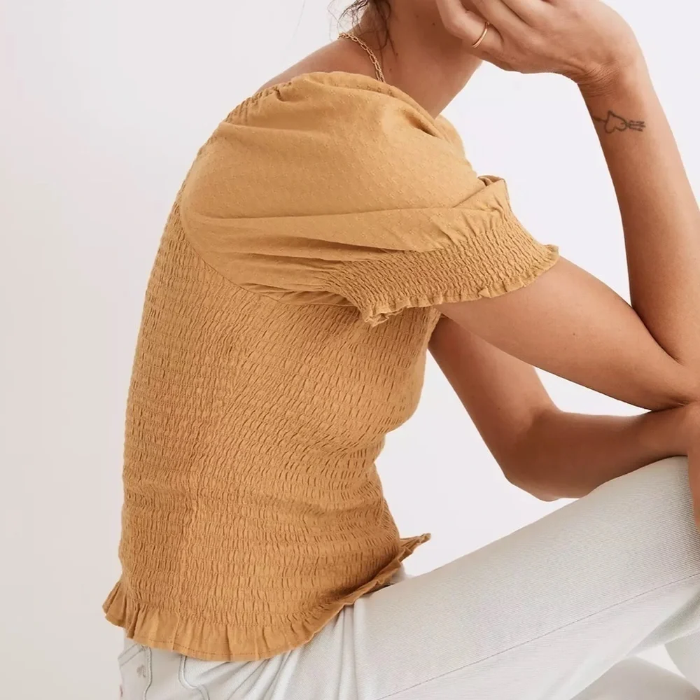 Madewell lucie puff sleeve smocked bodice top earthen gold